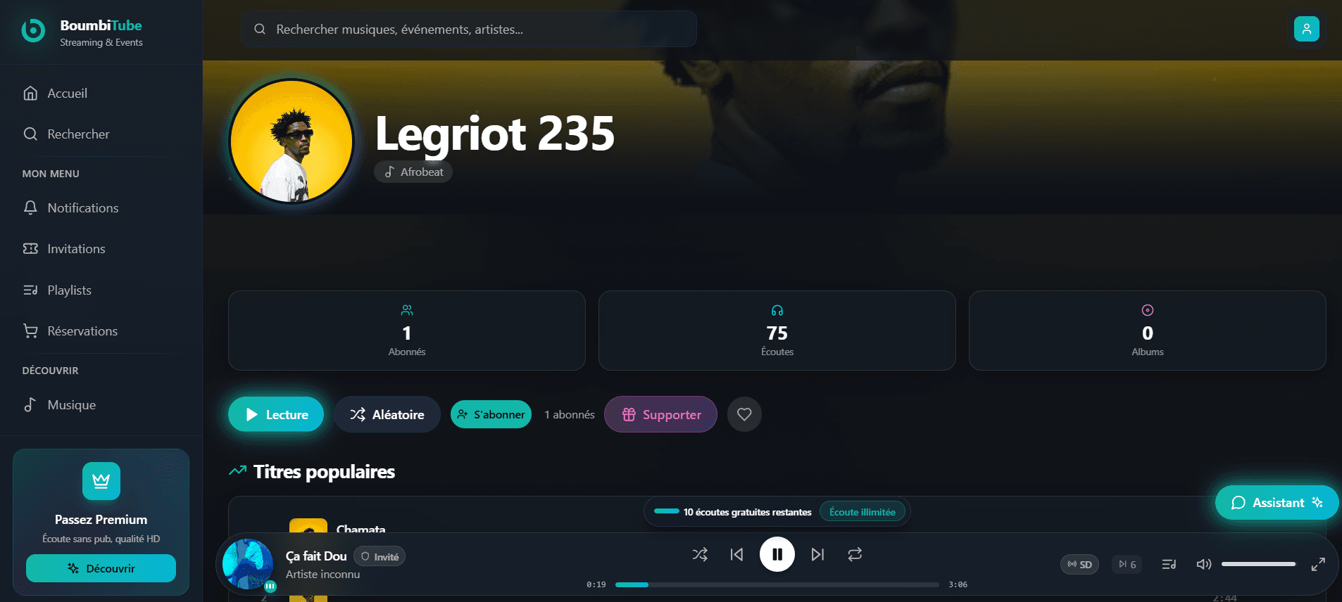 Page publique d’un artiste avec abonnés et titres populaires
