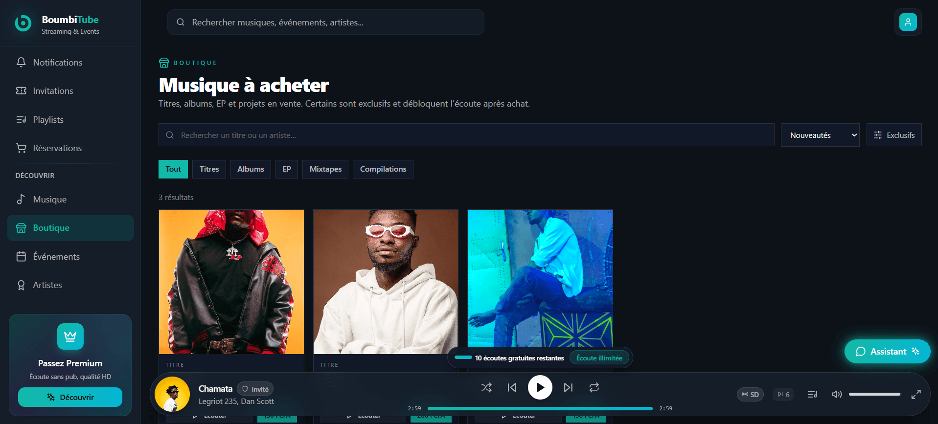 Boutique BoumbiTube listant des titres à l’achat